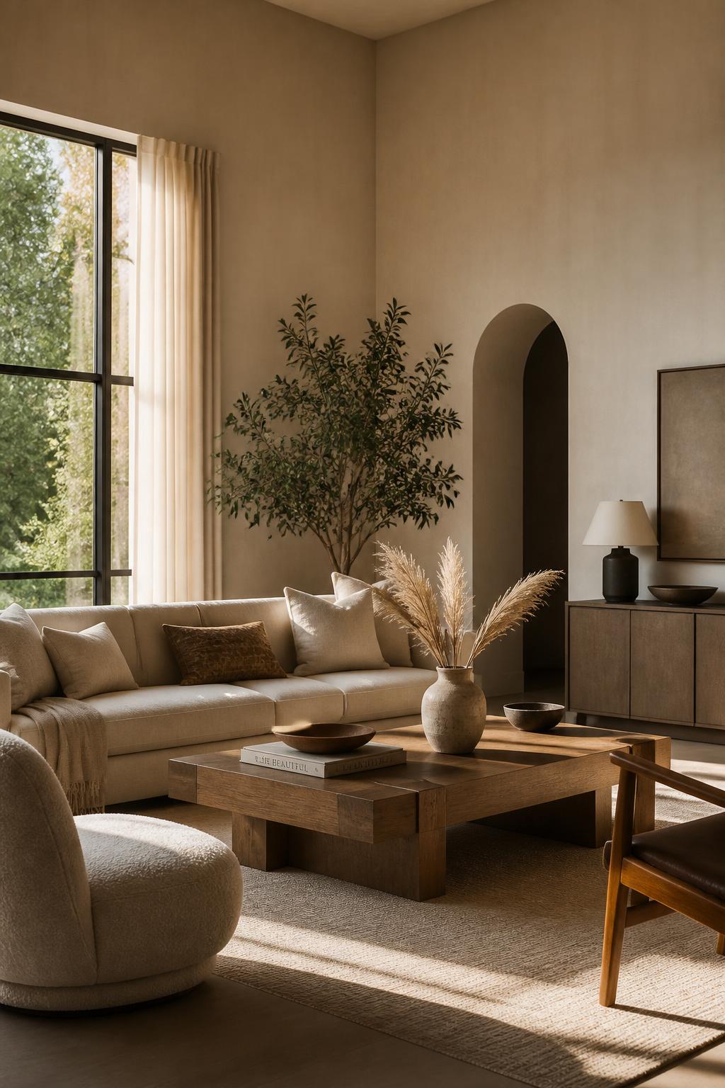 Sala de estar projetada com paleta neutra e luz natural